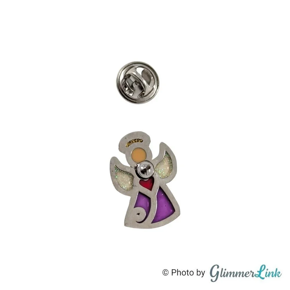 Dainty Stained Glass Glittery Purple Yellow Angel Red Heart Lapel Pin